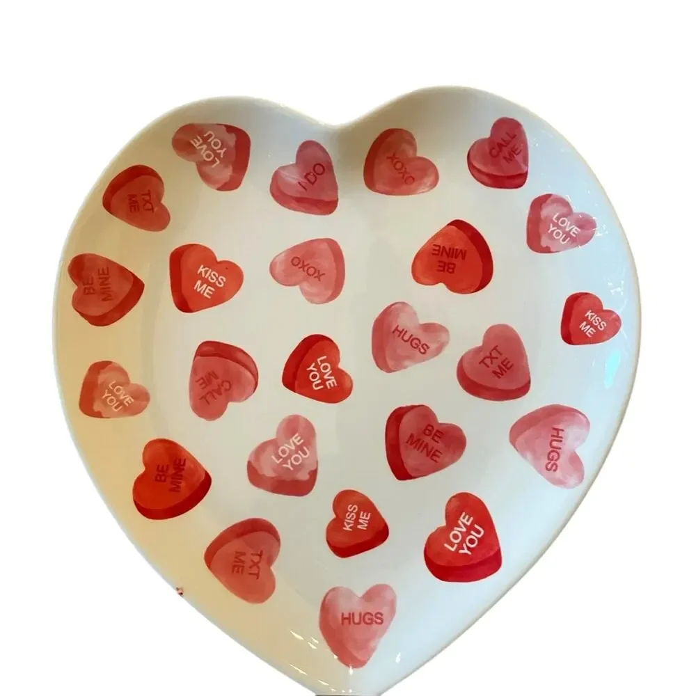 4 Maxcera Conversation Heart Valentine Dinner Plates 10in Ceramic Red & White